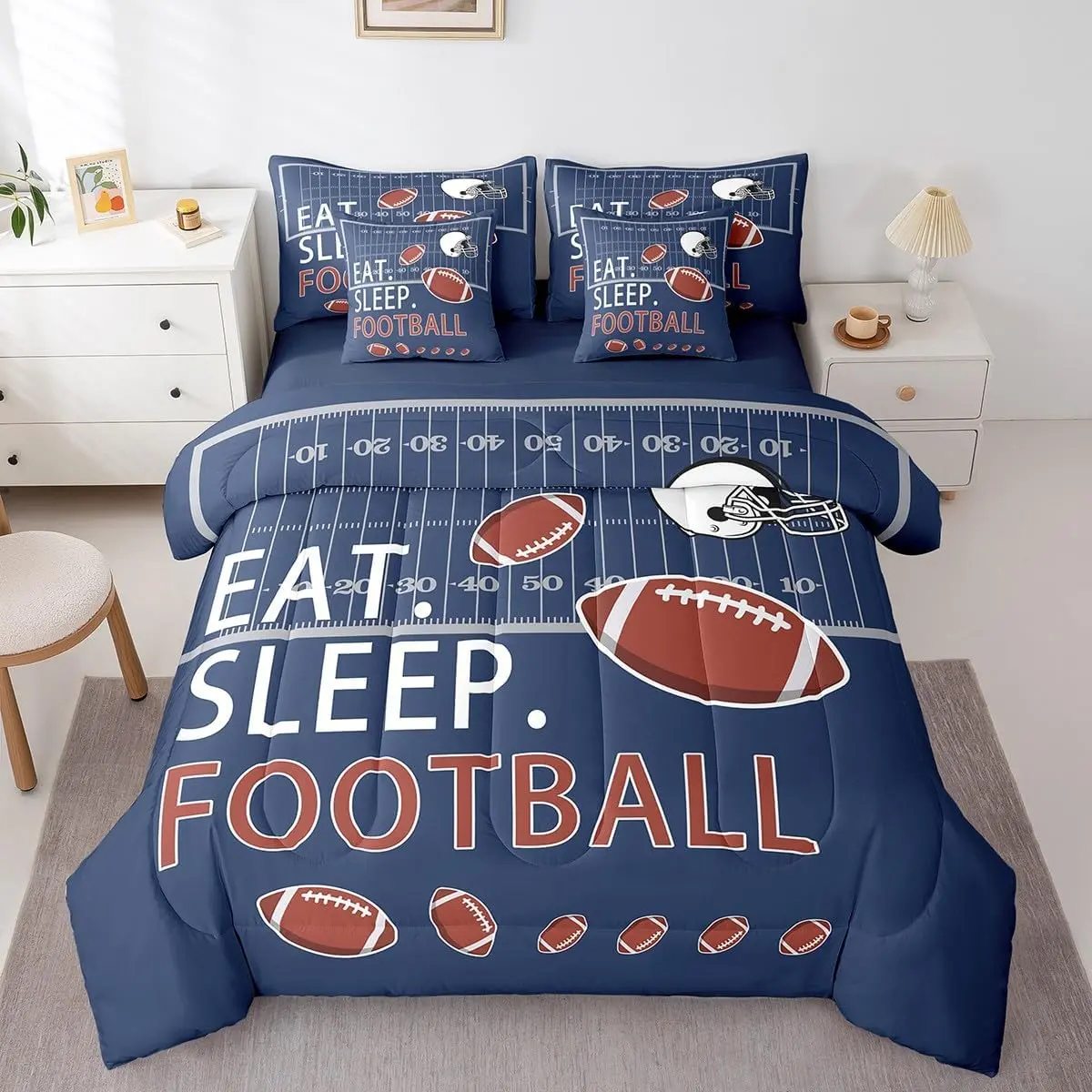 Feelyou 7-Piece Football Theme Blanket Bedding Set - Boys' Navy Blue Bed-in-a-Bag with Rugby Comforter, Fitted Sheet, Flat Sheet for Ball Game Enthusiasts, Football Theme Print Bedding Sets Collections