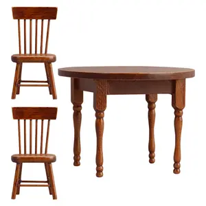 1:12 Dollhouse Mini Home Furniture, Micro Scene Dining Table and Chair Set, Chestnut 3-Piece Wooden Craft Ornament (Not For Real Human Use)