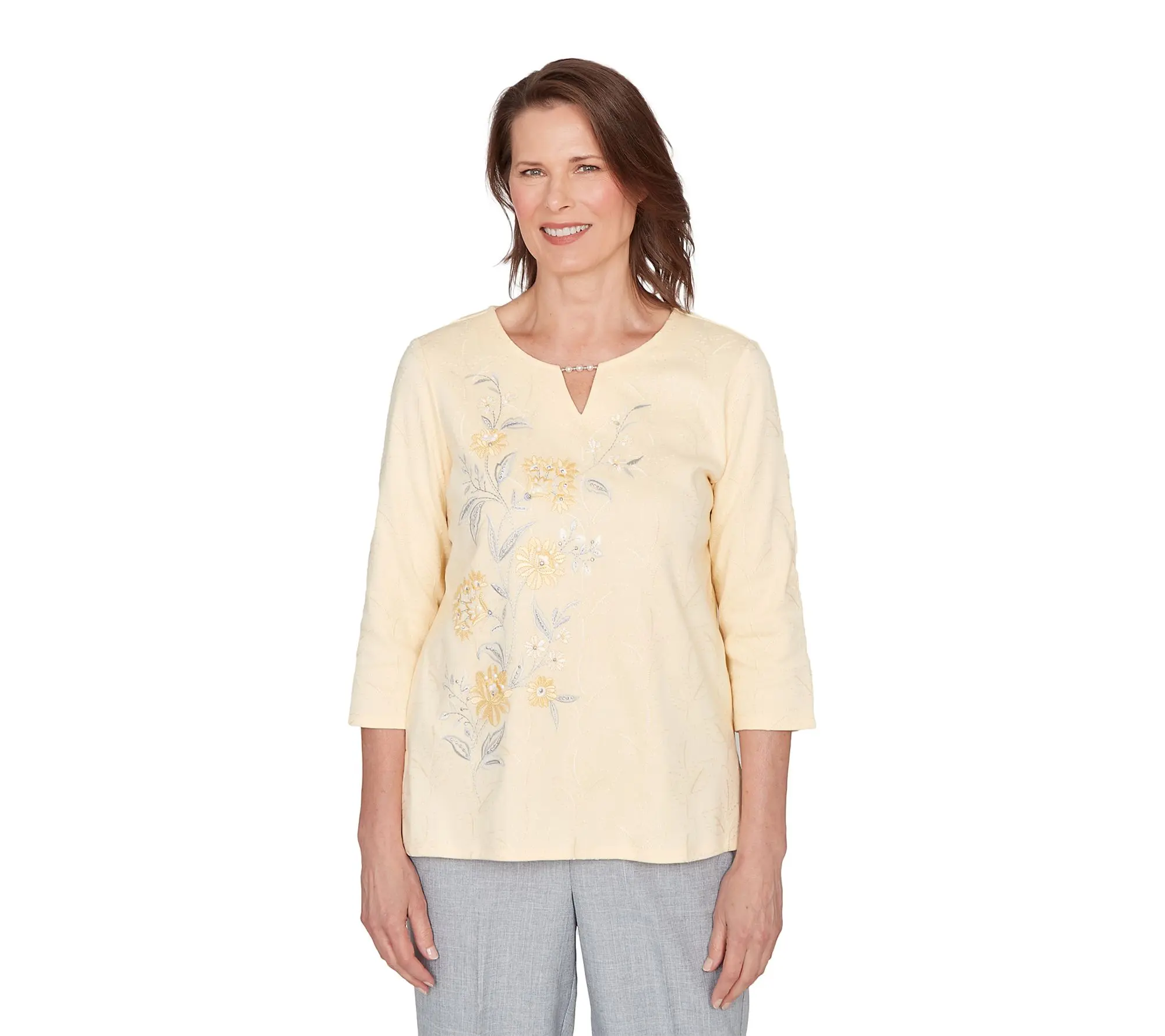 Alfred Dunner Petite Asymmetrical Floral Embroidered Top