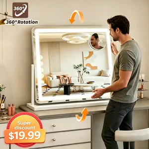 Vanity Mirror with Lights, 22"x19" Lighted Mirror with Lights, 10X Magnification, Gifts for Women, 3 Color Lighting Modes, Smart Touch Control, 360° Rotation for Bedroom or Tabletop (White)