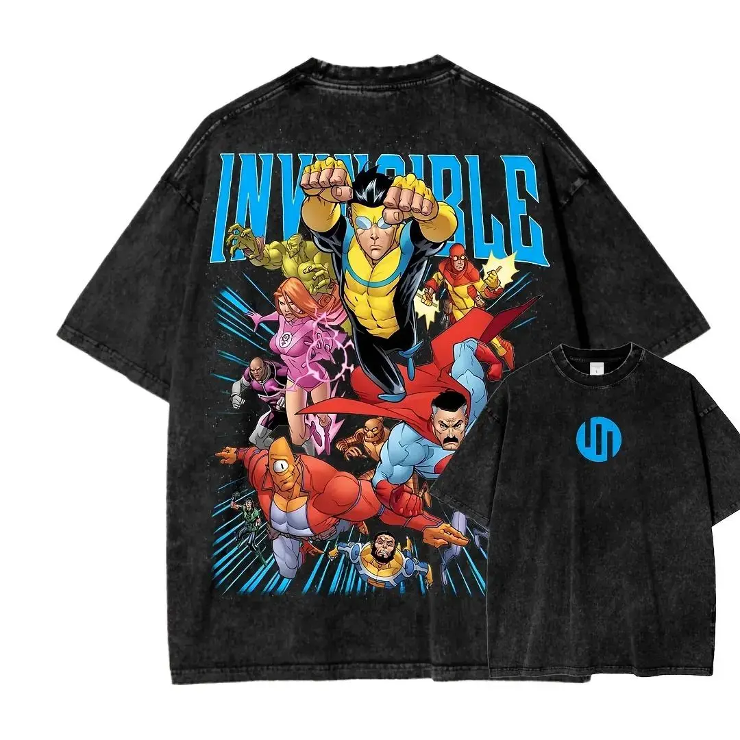 Vintage Invincible Graphic Tee Unisex Washed Cotton T-Shirt Retro Comic Animation Oversized Streetwear Top Y2K Casual Short Sleeve Shirt