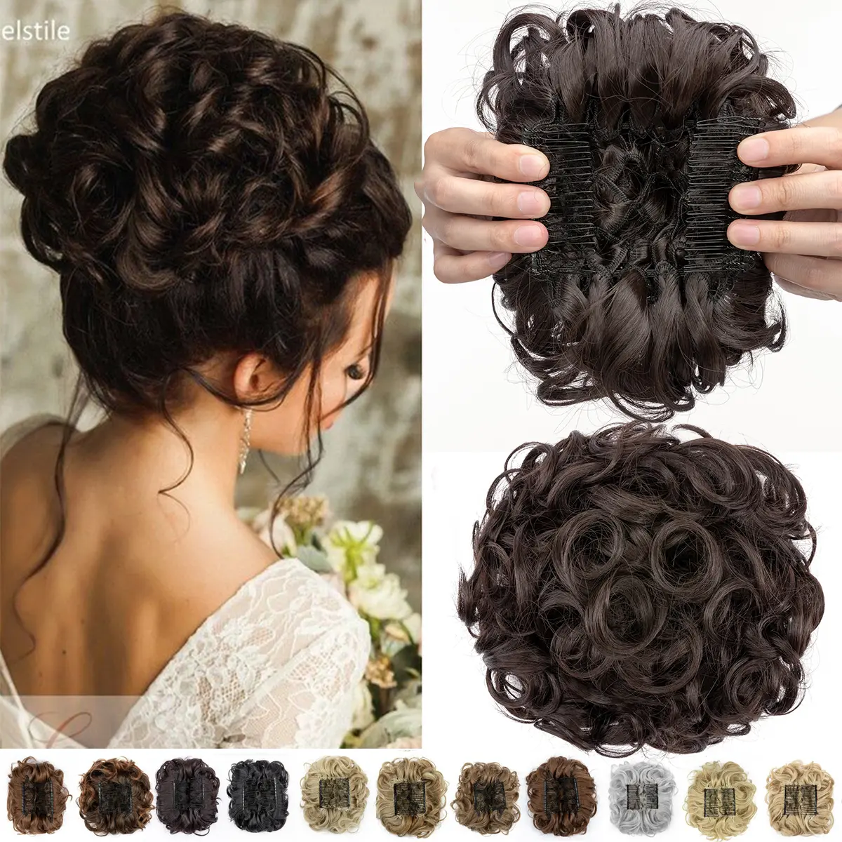Short Messy Bun Hair Piece Curly Hair Combs Buns Extension Thick Chignon Hairpiece Clip in Ponytail Scrunchies Hair 90g Pieces for Women Synthetic Fiber Hair