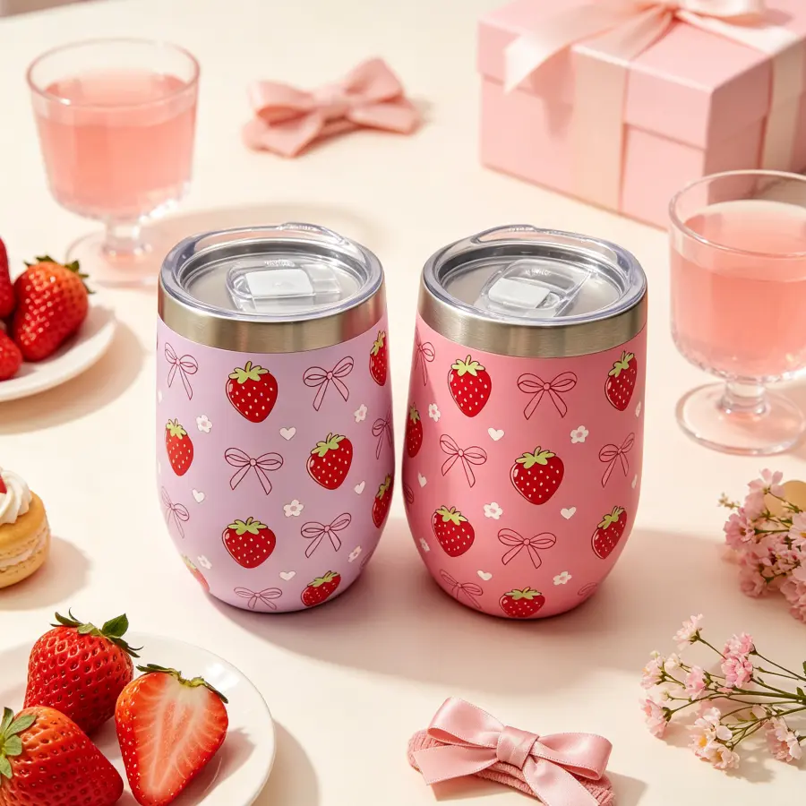 Strawberry-Printed Pink Coquette Bow Heart Stainless Steel Insulated Flask - Portable Push-Pull Lid Wine Tumbler Coffee Cup, Gift for Women
