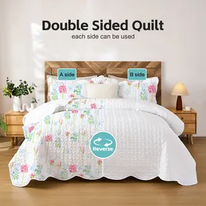 Ultra-thin Fresh Floral Quilt, 3-Side Scalloped Edge Design, 3-Piece Bedding Set, Machine Washable All-Season Bedspread