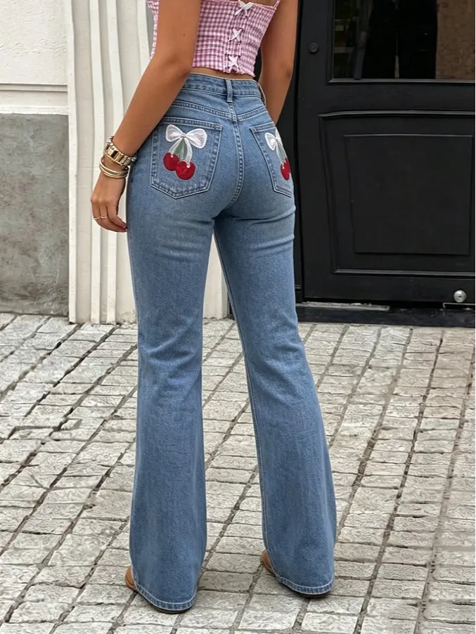 Women's Cherry Embroidered Cowboy Jeans, Y2K Cherry Bow Embroidered Bootcut Jeans For Women High Rise Medium Blue Washed Flared Denim Pants Back Pocket Decor Daily Casual Jeans