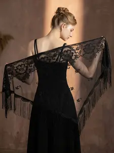 Women's Vintage Solid Color Lace Shawl, Sexy Floral Embroidery Headscarf, Fringe Decorative Scarf, Elegant Evening Outerwear