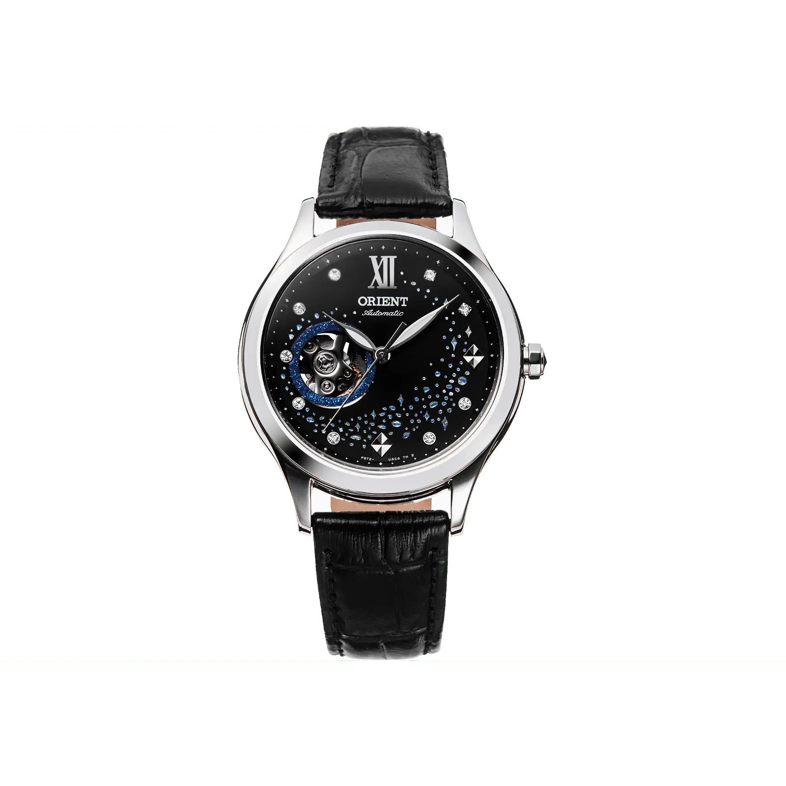 Women's Durable Azure Elegant Round Wristwatch - 35.6mm Stainless Steel Case, Leather Strap, Open Heart Automatic Movement, Auto Hacking, 30M Water Resistance, Buckle Closure, Model RA-AG0019B10A, Analog Mechanical Fashion Watch