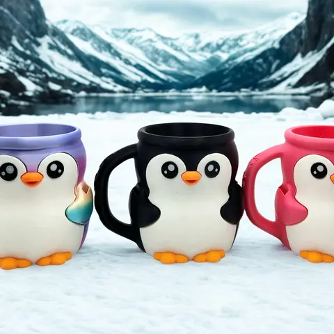 5" Tall 3D Printed Penguin Animal Ice Cream Pint Buddy Caddy - 5 inches Rainbow Kitchen Utensil Container with Surprise Drawer, Hidden Treats, Layer Lines for Kids' Snack Time