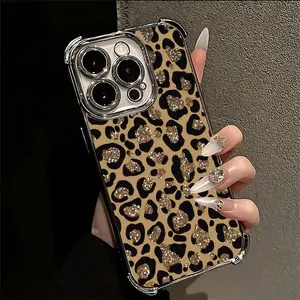 Y2K Glitter Leopard Print Aesthetic Pink Gold Sparkle Phone Case Suitable for iPhone 17 16e 16 15 14 13 12 11 Mini Pro Max Air X XR XSMAX 8 7 Plus Anti Fall Transparent Soft Back Cover