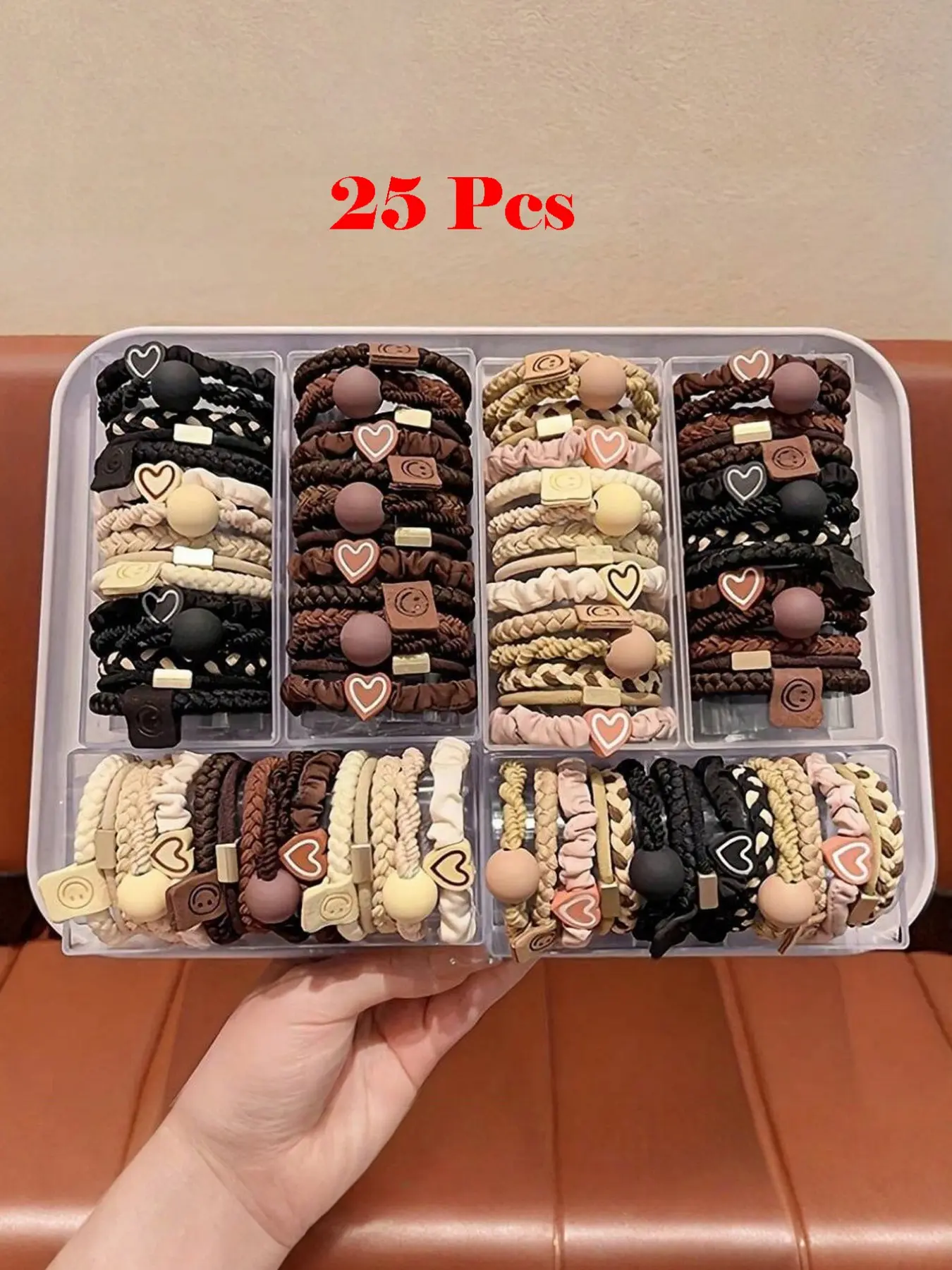 25pcs Boho Chic Women's Hair Tie Set - Cute Bracelet Style, Gentle On All Hair Types, Elastic Bands With Heart Charms & Beads, Perfect For Ponytails & Sports, Bulk Hair Ties, Ponytail Holders, Hair Styling Accessories, Fashionable Hair Accessories
