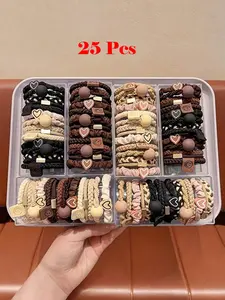 25pcs Boho Chic Women's Hair Tie Set - Cute & Sweet Bracelet Style, Gentle On All Hair Types, Elastic Bands With Heart Charms & Beads, Perfect For Ponytails & Sports, Bohemian Style, Hair Ties Ponytail Holders Hair Elastics Hair Rubber Bands Scrunchies