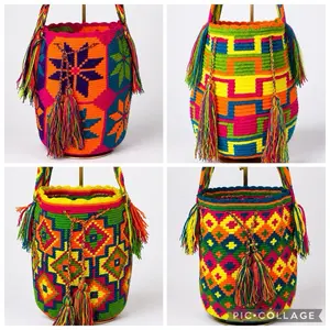 Wayuu Artisan Bag Colorfull talla L 11x11 Inches Handcrafted with Vibrant Patterns and Tassels