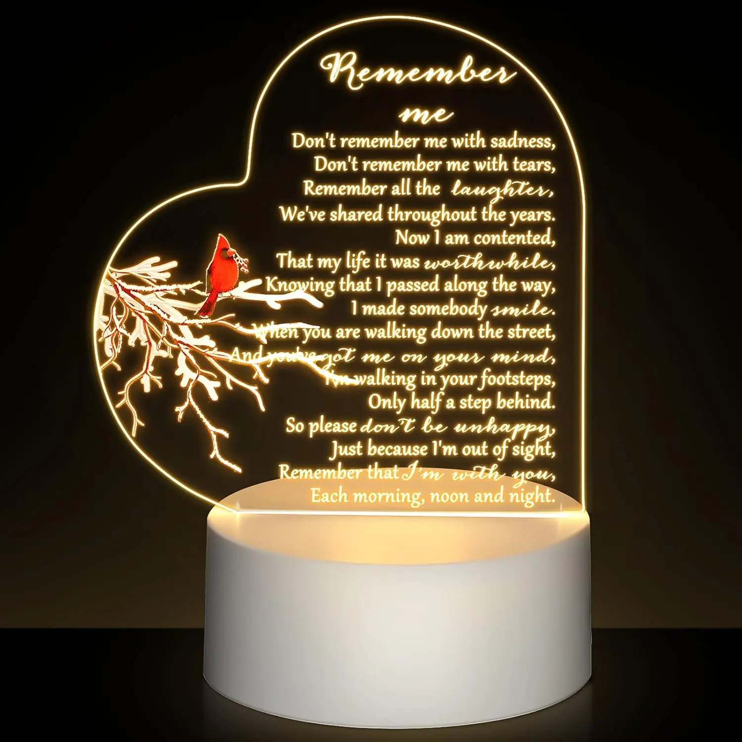 Memorial  Night Light Clear   Heart Sympathy Gifts Sign LED Light Remembrance Bereavement Decor Condolence Present for Loss of Loved One(Red Cardinal Bird Style)