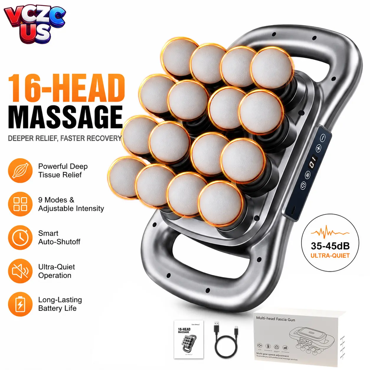16-Head Massage Gun, Deep Tissue Massage Machine with 9 Modes & 9 Intensity Levels, Quiet Percussion Massager with Adjustable Intensity for Back, Neck, Legs & Full Body Muscle Recovery, Pain Relief & Relaxation