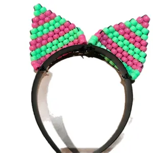 Neon Beaded Cat Ears Headband - Pink & Green Beads for Festive Outfits