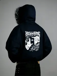 Hellsing Hooded Cardigan Jacket, Geometric Print, Sporty Style, Loose-Fitting, Spring & Fall, Streetwear, Perfect for Dates and Shopping