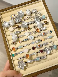 Women's Silver Color Boho Ring Set, Vintage Elegant Design, Floral Bow Heart Rhinestone Moon Star Geometric Cat Eye Stone, All Seasons Jewelry Gift