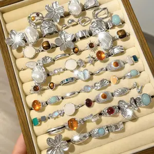 Women's Silver Color Boho Ring Set, Vintage Elegant Design, Floral Bow Heart Rhinestone Moon Star Geometric Cat Eye Stone, All Seasons Jewelry Gift