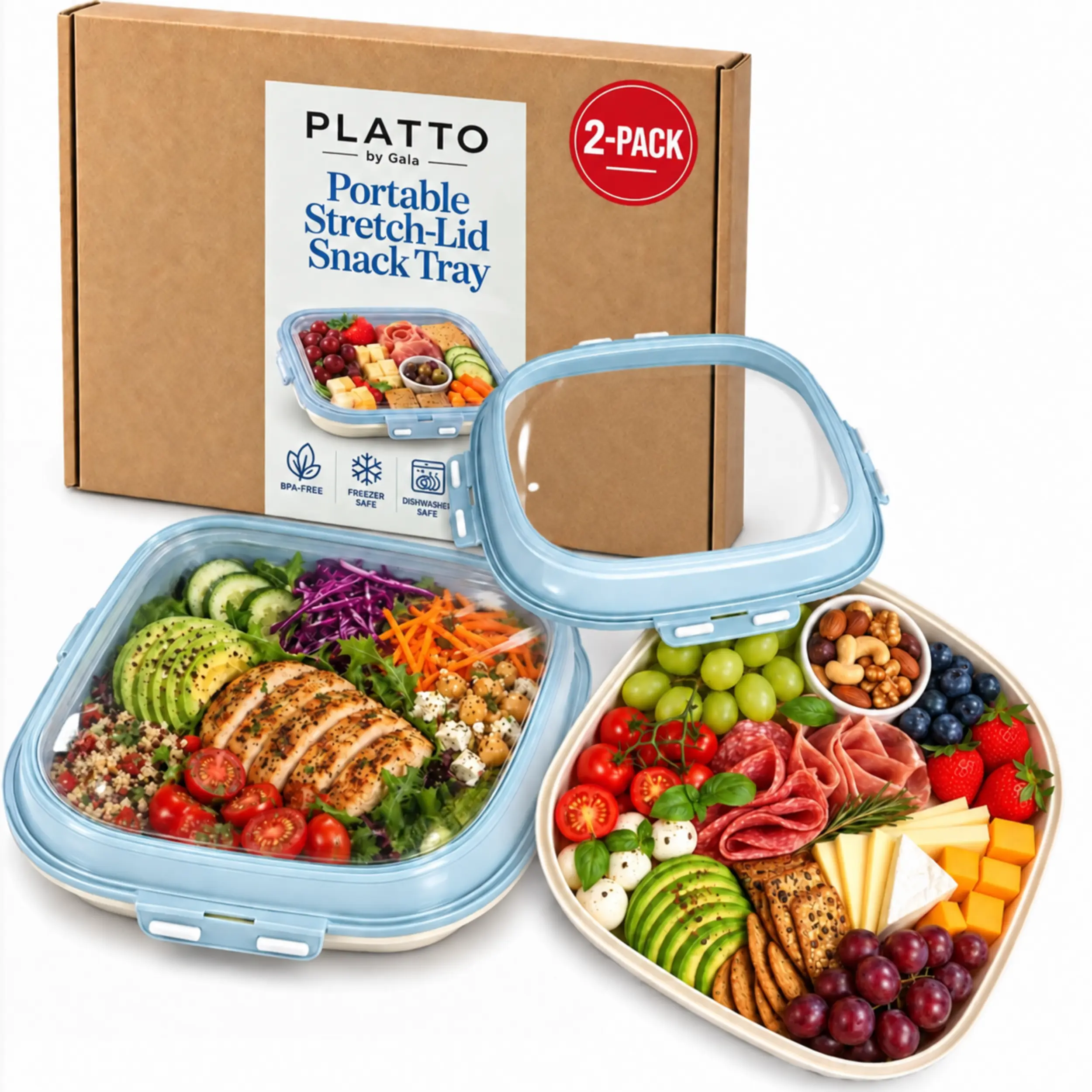 Platto - Portable Snack Tray with stretch Lid | Square 2-Pack Stackable Snap Tray Reversible lid food storage containers for travel, picnic containers, BPA-free, freezer and dishwasher safe