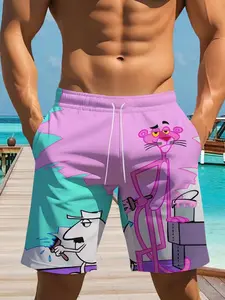Leopard Cartoon Beach Shorts for Men, Summer Casual Sport Swim Trunks with Drawstring Waist, Trendy Couple Swimwear for Beach Trips