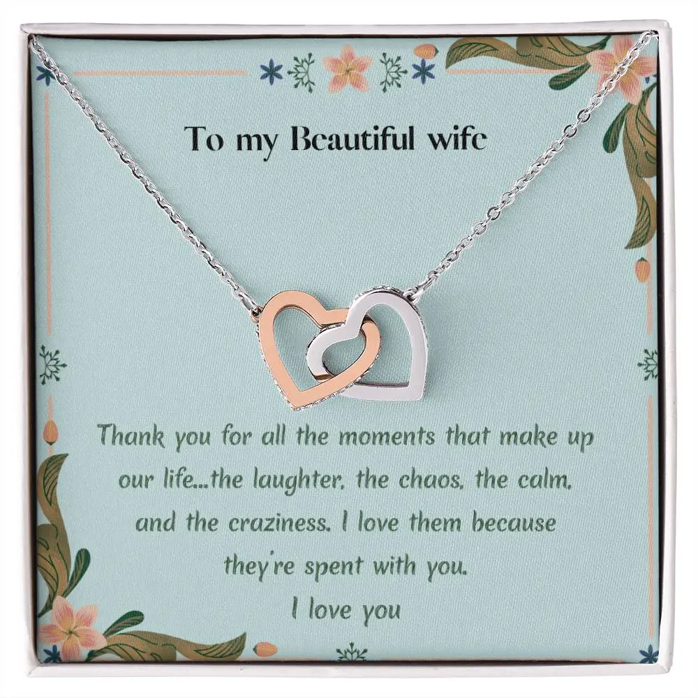 Interlocking Hearts Necklace with message card  gift for wife simple minimalist aqua design