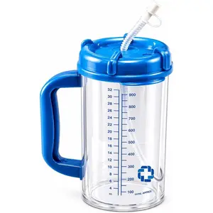 Insulated  Carafe 32 oz - Double Wall Graduated Water Bottle with Straw & Pour Spout, Hot & Cold Bedside Carafe for  Care &  Use