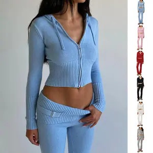 Cozy Women Sexy Ribbed Zip Hoodie & High Waist Pants Set 2 Piece Tracksuit - Casual Street wear Lounge Set