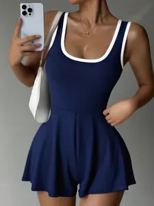 Women's Sleeveless Tennis Romper Summer Athletic Dress Workout Exercise Dress Color Blocked U Neck White Trim Athletic Bodycon Playsuit Flared Shorts Workout Sports Tennis Dress
