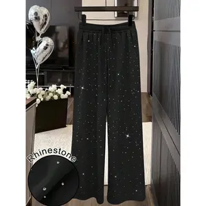 Women's Fashion Rhinestone Embellished High Waist Drawstring Loose Fit Straight Leg Sweatpants Fall Cloth For Women