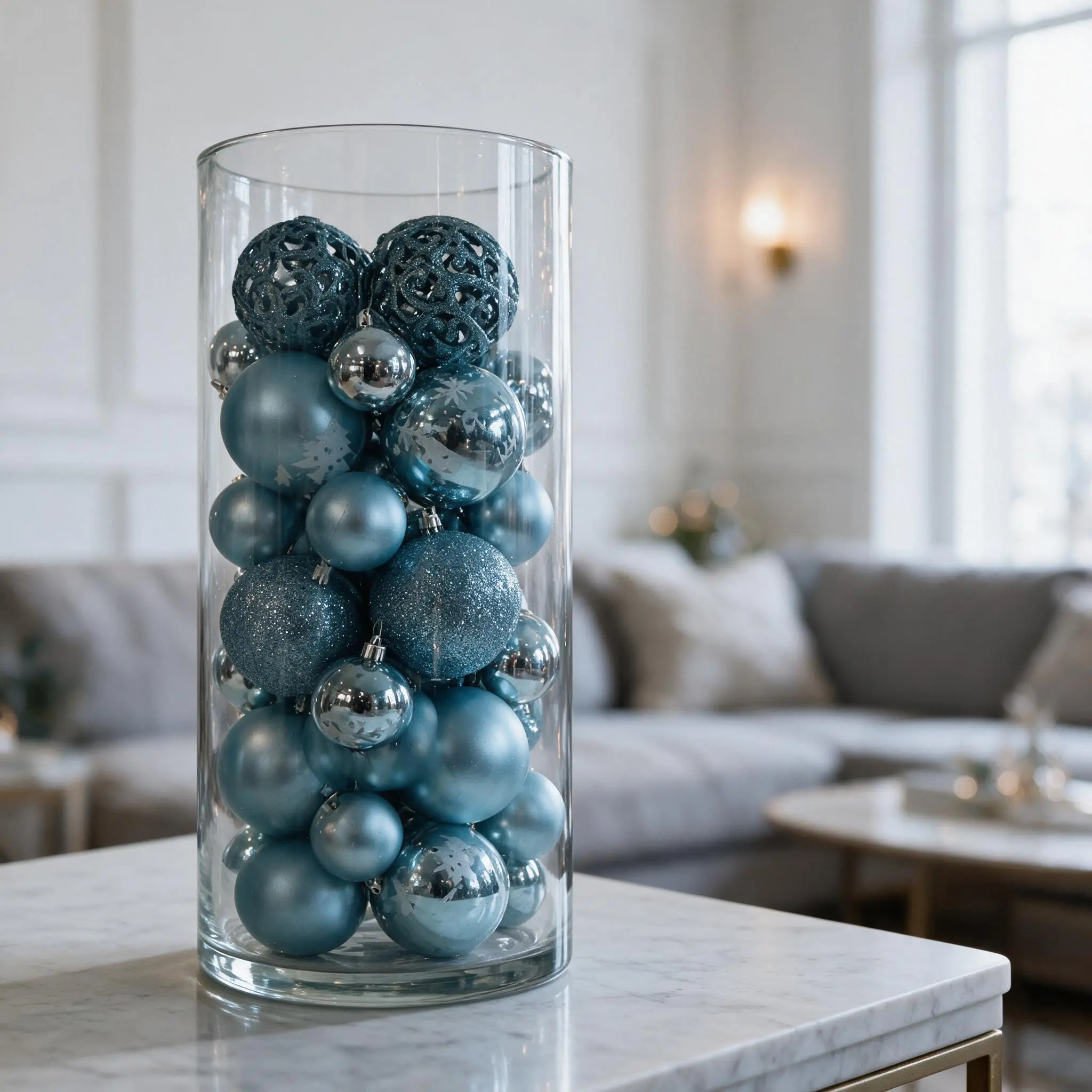 36Pcs Shatterproof Dusty Blue  Baubles Ornaments Set - Mixed Sizes: 20Pcs 6cm, 16Pcs 3cm - Matte, Glitter, Cutout Printed Hanging Balls for  Tree, Wreath, Indoor Home Holiday Decoration colorful decor christmas tablescape