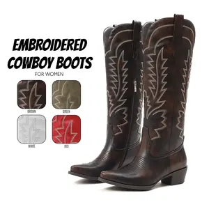Womens Cowboy Boots Knee High Boot Pointed Toe Chunky Block Durable Heel Embroidered Design Easy Pull on Comfy Wide Calf Side Zipper Vintage Western Charm Retro Classic Party Festival Country Wedding Rodeos Riding Work Casual Dressy Long Tall Shoes