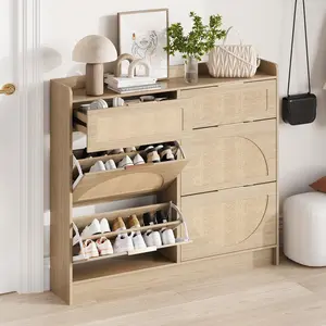 Rustic Oak Rattan Shoe Storage Cabinet – 4 Turn over Drawers & 2 Top Drawers – Adjustable Shelves, Large Capacity, Dustproof, Freestanding Modern Entryway Organizer – Color: Rustic Oak