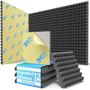 12 Pack Pyramid Sound Proof  Panels for Walls with  Self-Adhesive 2"X12"X12" High Density Acoustic Panels Sound Absorbing -Expanding Soundproof Wall Panels for Gaming Studio Decor-Black