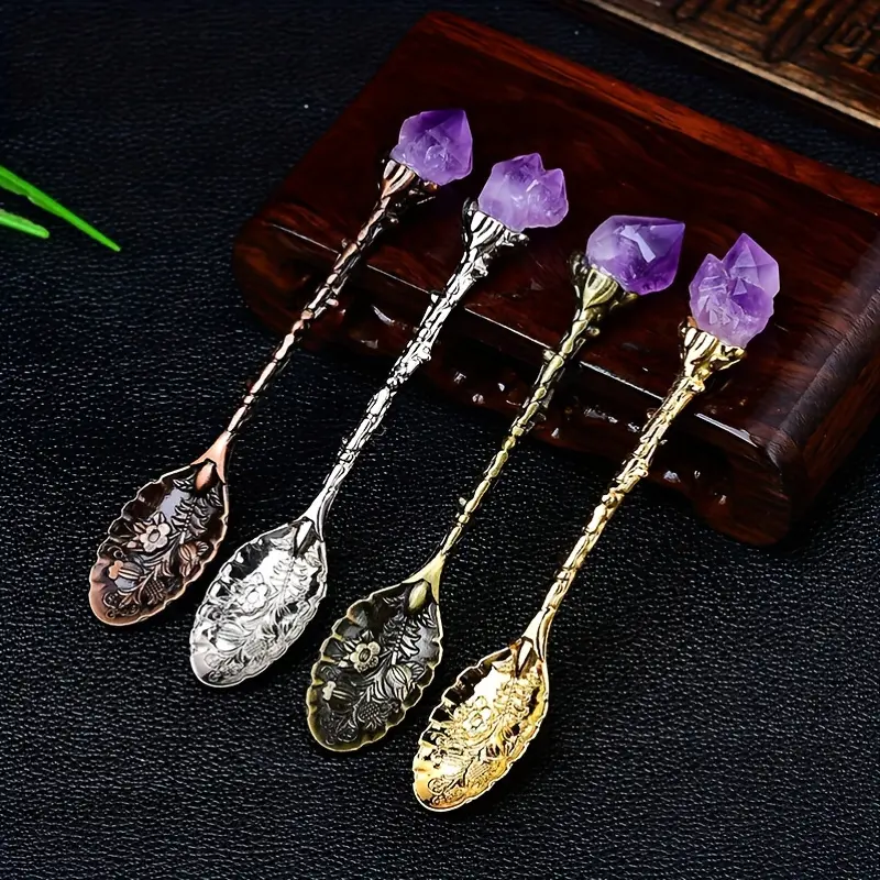 4pcs Mixed Color Retro Cutlery Set - Irregular Lightweight Vintage Carved Coffee Tea Spoons with Natural Raw Amethyst Flower Crystal Tops, Hand-Polished Bohemian Mini Dessert Ice Cream Stirrers, Lucky Home Kitchen Decorative Tableware Gift