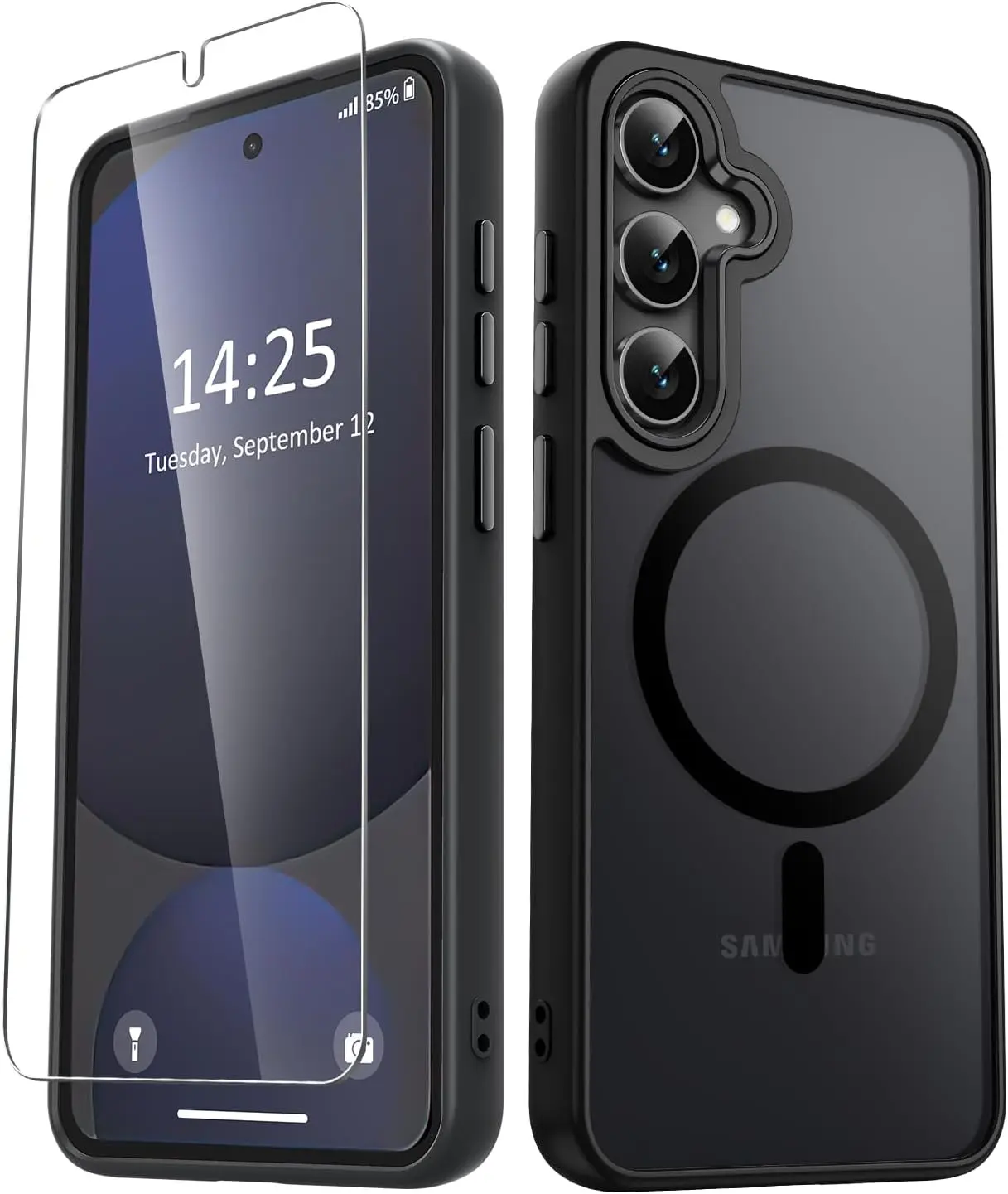 YENAPOON for Samsung Galaxy S25 Case, Matte Magnetic Case, Black | Fit for Magsafe, Screen Protector Included, Translucent Frosted Slim Shockproof Protective Phone Cover