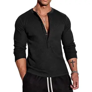 Men's Waffle Henley Shirts Long Sleeve T-Shirt Stylish Casual 5 Button Placket Slim Fit Tee Thermal Underwear