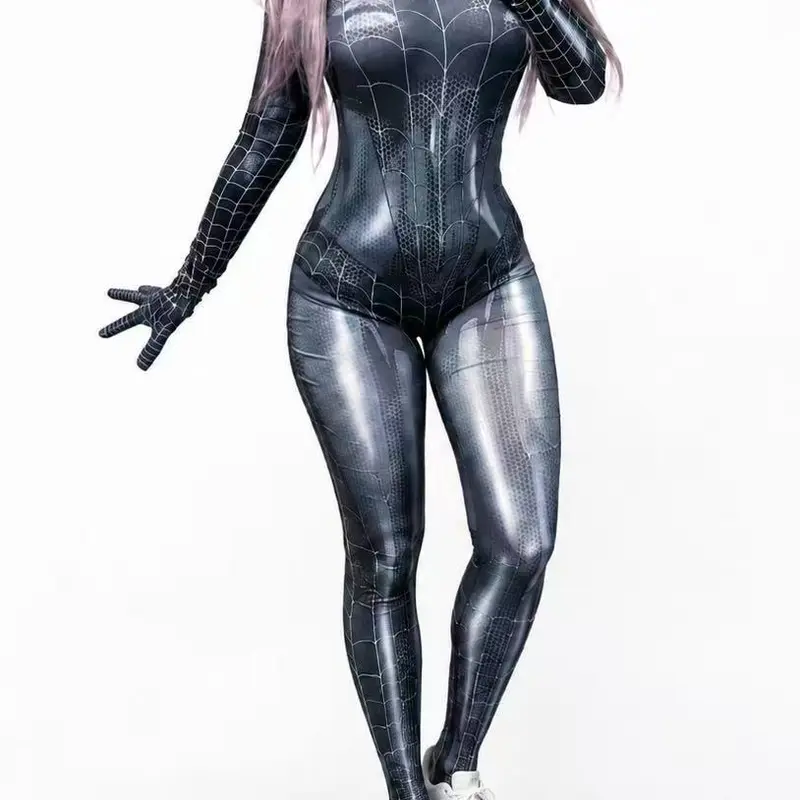 ALIELNOSIRRAH 'Venomous Beauty' Spider Web Cosplay Bodysuit, Women's Stretchy Spandex Superhero Catsuit, Cute Jersey Fabric Clothes Dress for Halloween Costumes