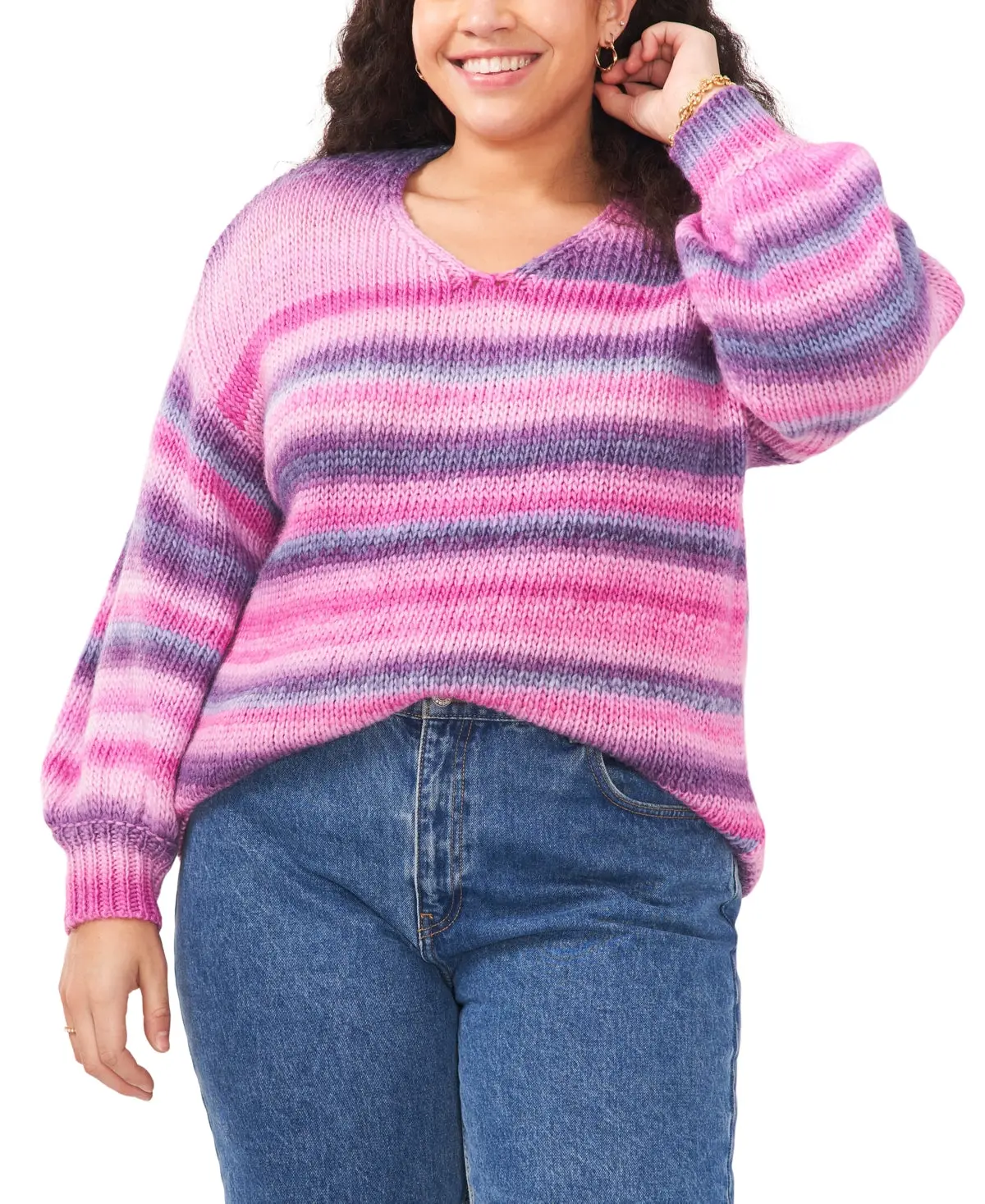 Vince Camuto Plus Size Cozy Space Dye V-Neck Sweater Berry Hibiscus 2X