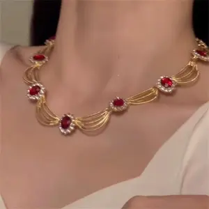 SleekHush Vintage Ruby Diamond Statement Necklace - Luxury Gold Plated Choker, Elegant Red Gemstone Jewelry for Weddings & Parties