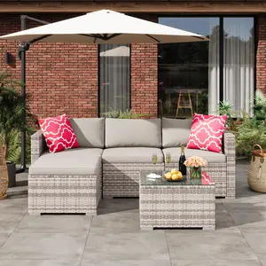 5-Piece PE Rattan Wicker Patio Sectional Set – Modular Outdoor Sofa with Thick Cushions, Ottoman & Glass Coffee Table – All-Weather for Garden, Porch or Balcony