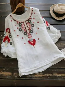 Elegant Casual Round Neck Embroidered Seven-Quarter Sleeve Blouse, Plus Size Women's Fashion Top for Spring & Fall