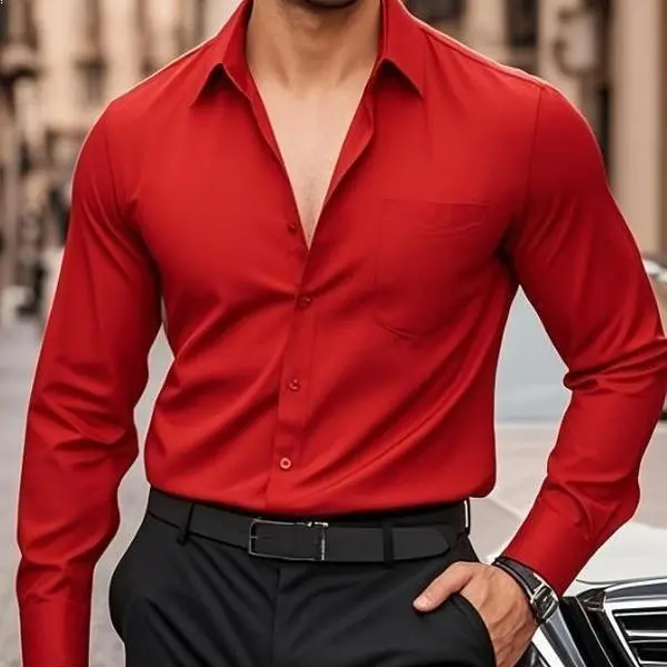 Men's Elegant Long Sleeve Dress Shirt - 95% Polyester, 5% Spandex Blend, Solid Color, Square Neck, Button-Up, Wrinkle-Resistant, Regular Fit for Casual Weekend Wear Menswear Top
