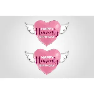 Pink Happy Birthday 17" Heart Balloon with Angel Wings Purple Script – 2 Balloons Included