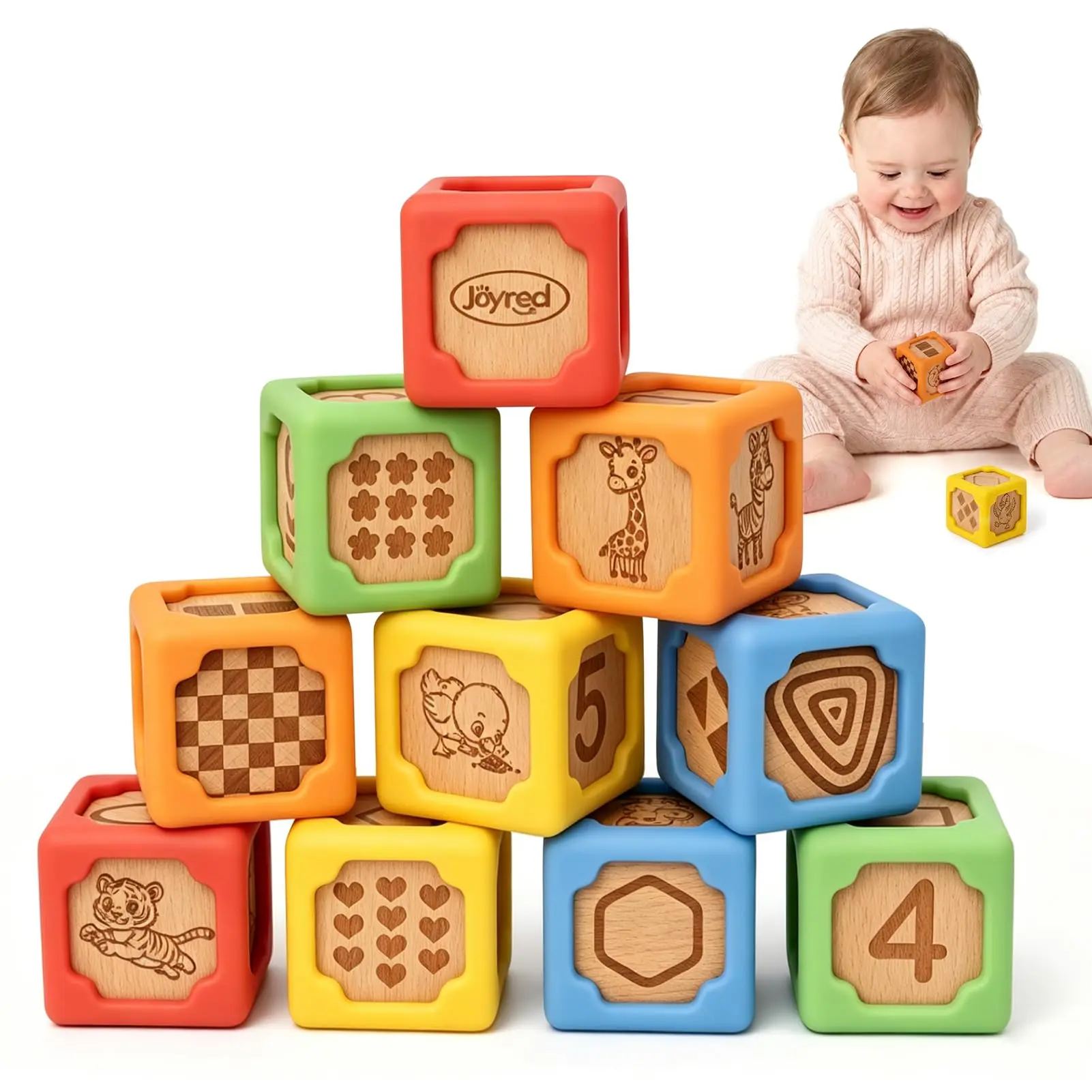 Joyreal Silicone Wooden Educational Baby Blocks, 10PCS Montessori Stacking Blocks for Babies 6-18 Months, 1.7" Beech Wood Sensory Learning Toy with Animals, Numbers, Textures, Soft Chewable, Laser Engraved