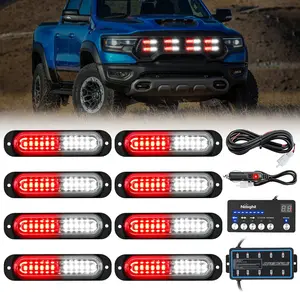 Nilight 8PCS 12-LED Surface Mount Strobe Light Kit, 12V-24V with Sync Feature, Red & White Lights, Controller for Cars, Trucks