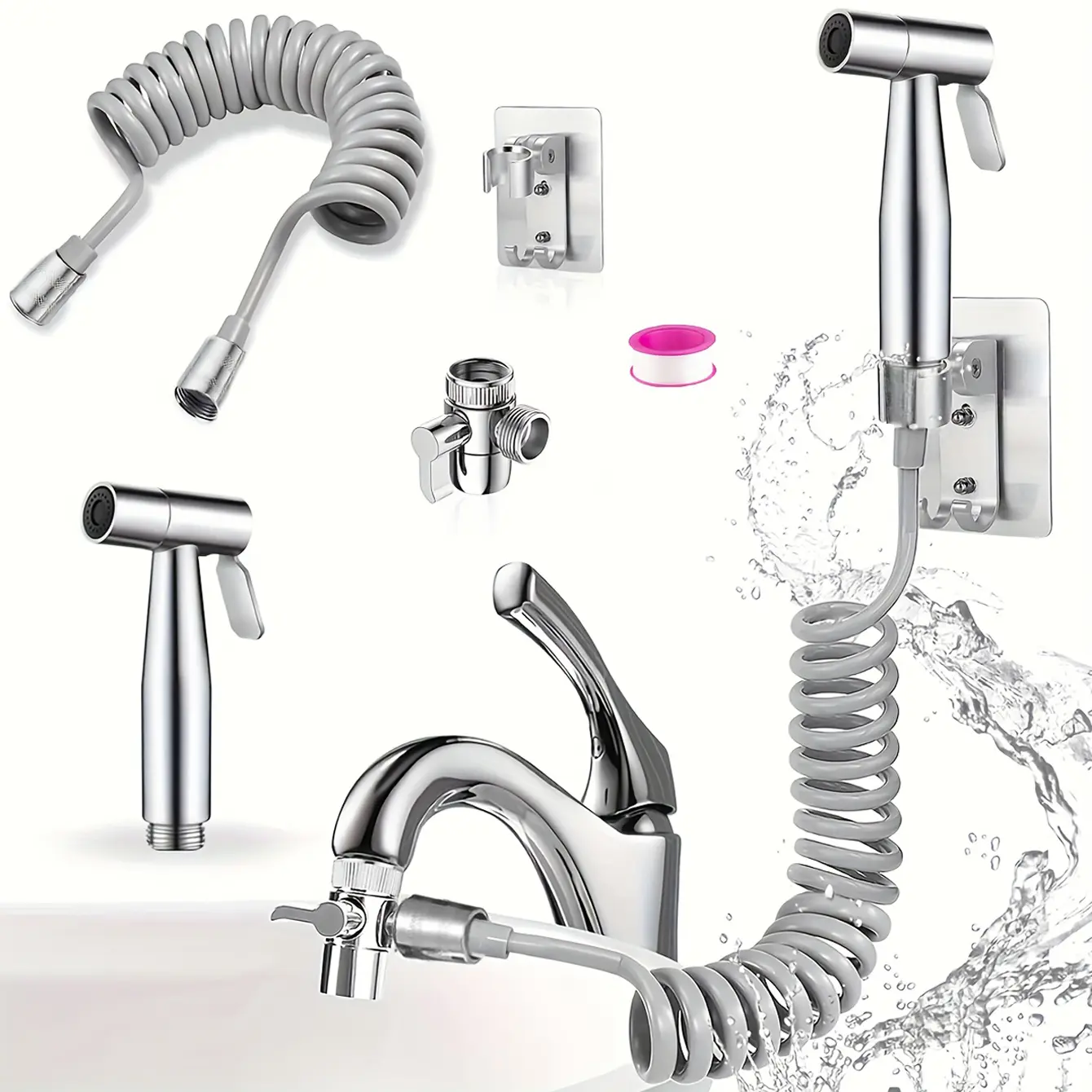 Handheld Shower Kit with 1.5m Hose, Kitchen & Bathroom Faucet Spray Accessories, G1/2 Adapter, Ideal for Shampoo, Showers, Pet Baths, Handheld Shower Attachment, Handheld Showerhead Set, Shower Water Equipment