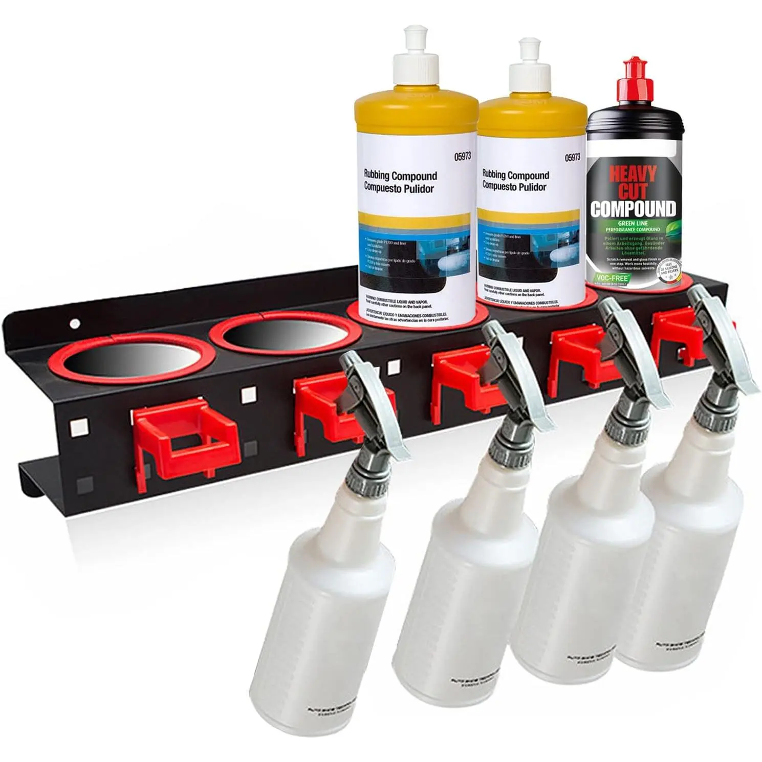 Wall Mount Spray Bottle Holder - 5-Hole, 7-Hook Durable Reinforced Organizer, Hangable Rail for Daily Use Tools & Car Detailing Accessories (26.75x24x17 cm)