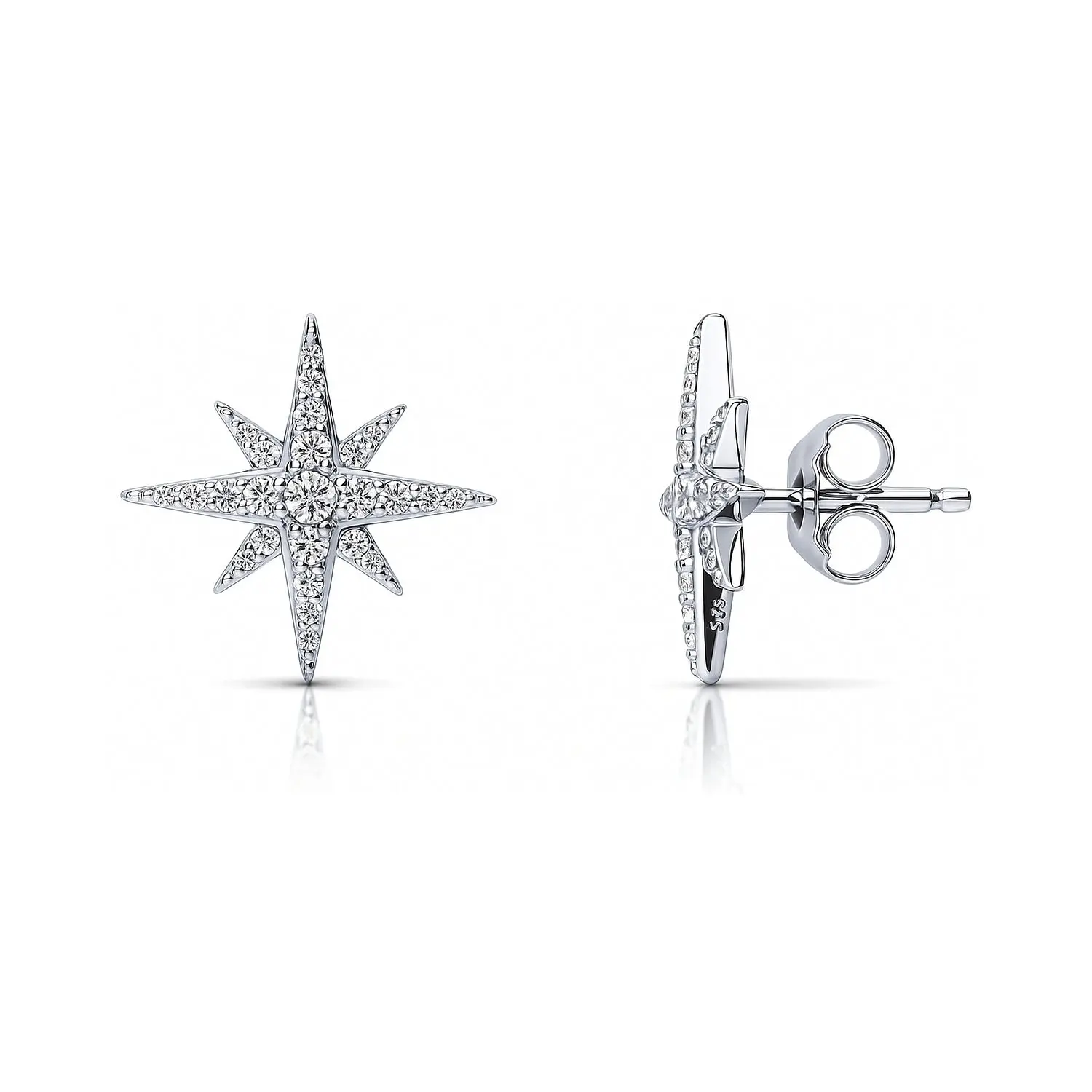 BERRICLE Sterling Silver North Star Stud Earrings for Women, Cubic Zirconia CZ, Yellow Gold Flashed/Rhodium Plated