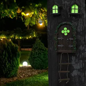 Fairy Door & Window Design Tree Hanging Decoration, 1 Box Miniature Luminous Door & Window, Outdoor Garden Tree Decoration Pendant, Home Decoration, Garden Sculptures Statues