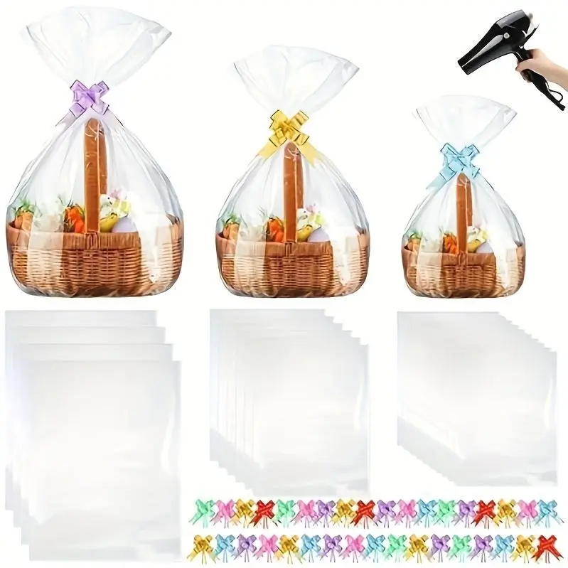 80pcs 3 Sizes Clear PVC Heat Shrink Cellophane Bags for Gift Baskets (20"x28", 16"x24", 14"x18") with 6 Color Pull Bows - Easter Mother's Day Gift Wrapping, Party Favors & Basket Packaging Supplies, Baskets for Gifts, Holiday Presents, Festive